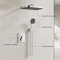 Kit de douche mural moderne carré chromé à deux fonctions avec robinet à main intégré, bouton de commande thermostatique et jet pluie