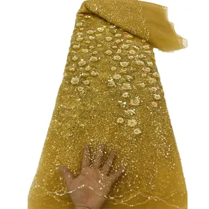 Zeytin yeşil nijeryalı boncuklu dantel kumaş kadınlar için afrika fransız tül nakış boncuk dantel kumaş elbise - Product Image 1