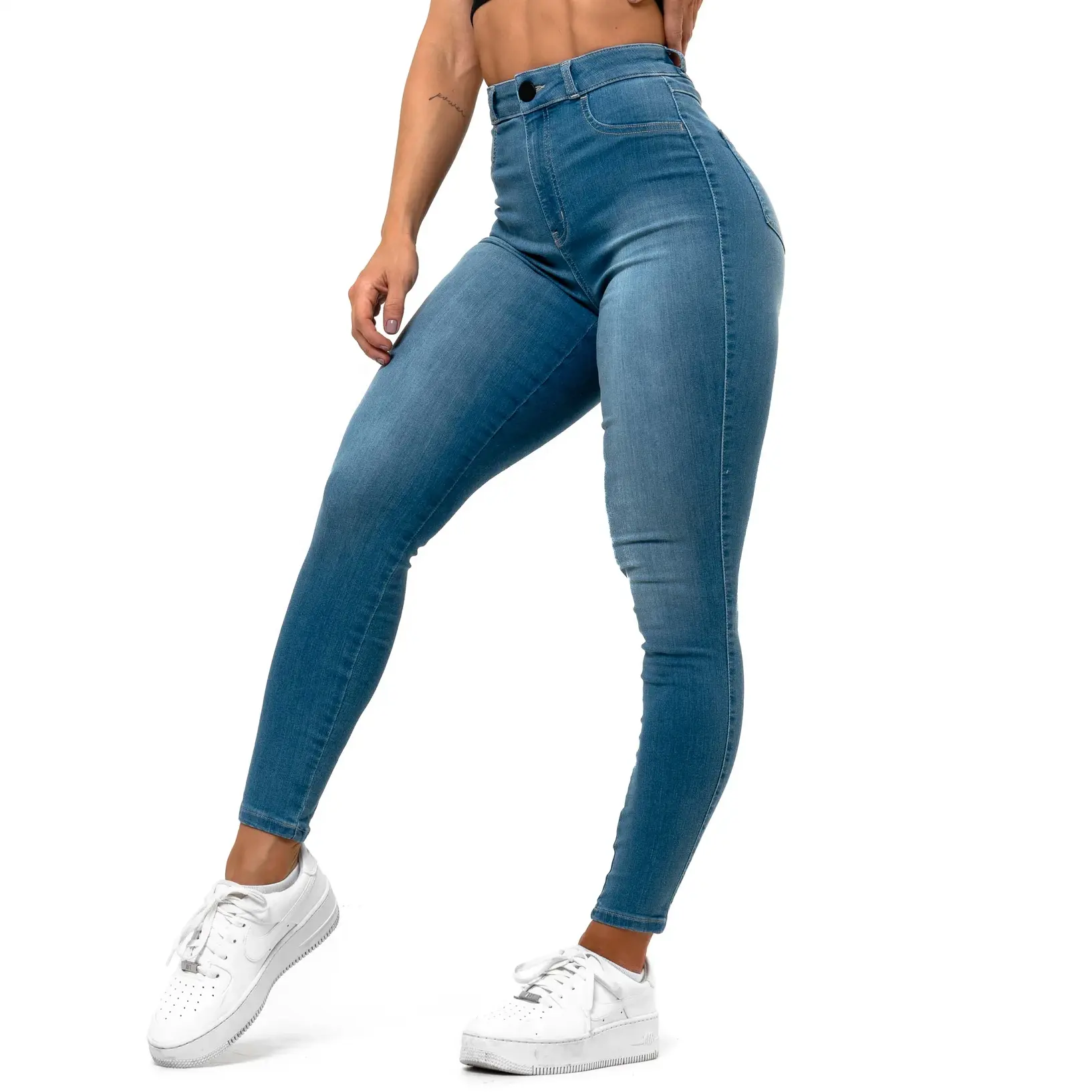 Benutzer definierte Logo Fashion Style Damen Hohe Taille Hellblaue Jeans Stretch Stoff Denim Bleistift hose Enge Jeans