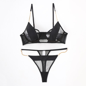 Ensemble de lingerie sexy en maille pour femmes, soutien-gorge à armatures et culotte string, ensemble 2 pièces avec chaîne dorée, style français, sous-vêtements transparents - Product Image 2