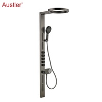 Système de douche mural haut de gamme gris anthracite avec jets de massage, affichage LED, mitigeur intelligent et panneau de douche cascade pluie pour salle de bain