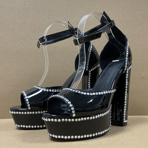 Sandalias de tacón grueso con punta abierta y diamantes para mujer, talla grande 47, con plataforma gruesa y hebillas en el tobillo, zapatos de charol. - Product Image 2