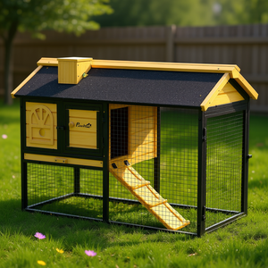 PawHut Jaula de conejos de madera de 2 pisos y 47 pulgadas para exteriores con bandeja extraíble y rampa, amarilla y negra, mueble para mascotas - Product Image 2