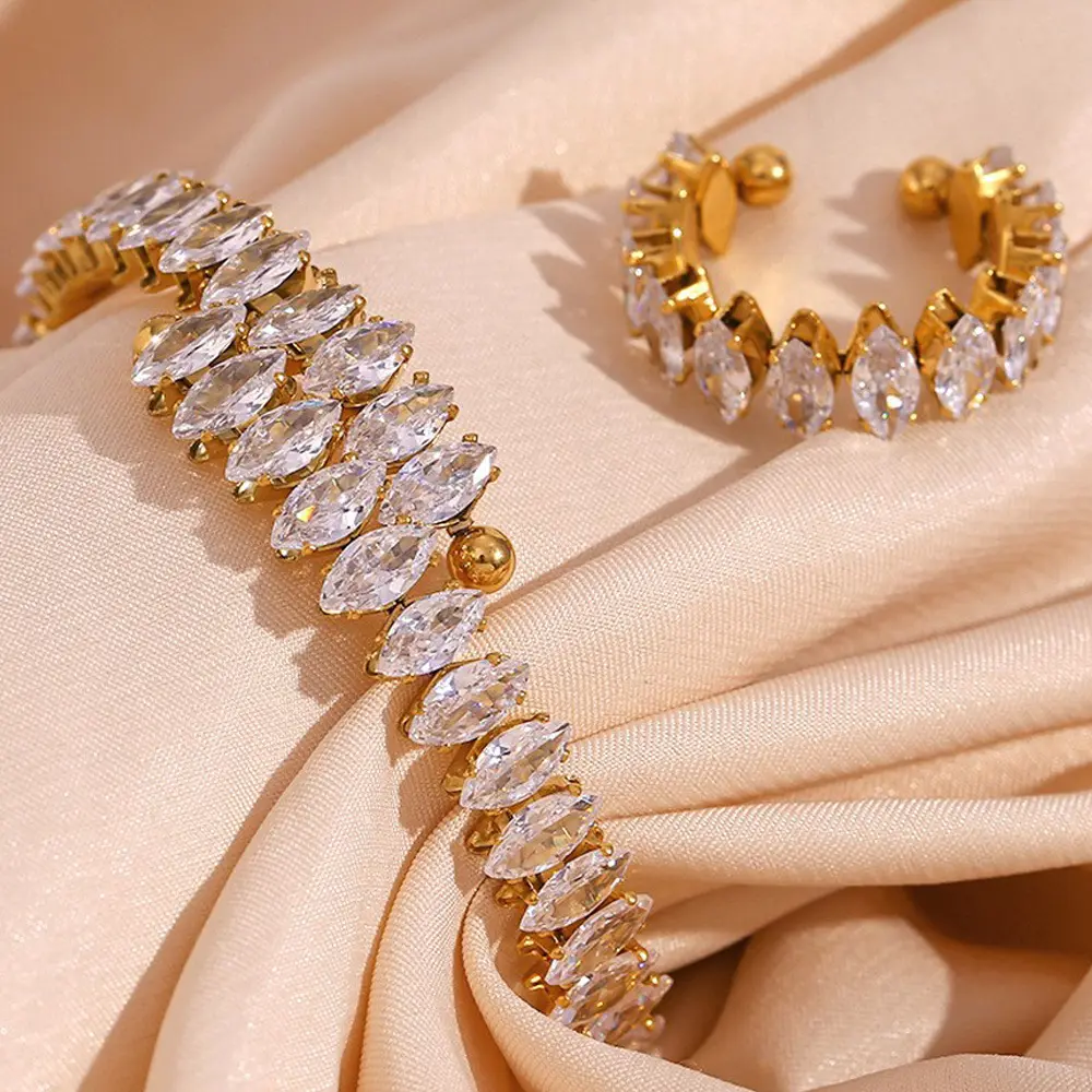 2023 Fashion Full Diamond Opening Bracelet Women'S Stainless Steel Gold Plated Adjustable Diamond Zircon Ring