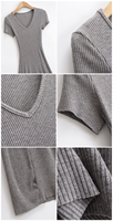Robe longue en maille à col en V et manches courtes pour femme, élégante, coupe trapèze, ourlet évasé, taille naturelle, ajustée, pour le bureau, le quotidien ou les occasions décontractées