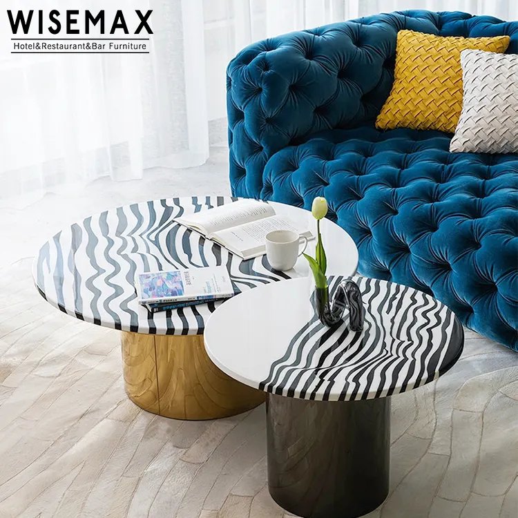 WISEMAX เฟอร์นิเจอร์ห้องนั่งเล่นหรูหราทันสมัย,โต๊ะกาแฟหินอ่อนพื้นผิวลายม้าลายชุดโต๊ะกลางทรงกลมสำหรับบ้าน