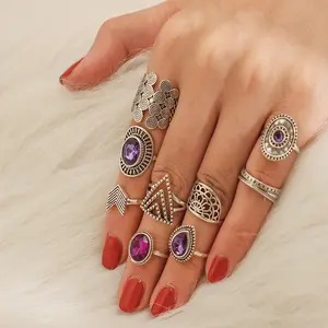 9 шт./компл. винтажные серебряные кольца с фиолетовыми стразами для женщин, геометрические богемные украшения с цветами