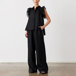 Enyami Ensemble Pantalon Et Haut Pour Mujer <span class=keywords><strong>Dame</strong></span> con balze a maniche a balze camicia a vita alta pantaloni larghi Set 2 pezzi - Product Image 3