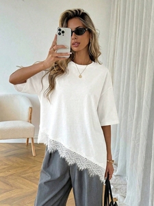 Nouveau style é<span class=keywords><strong>t</strong></span>é 2026 – <span class=keywords><strong>T</strong></span>-<span class=keywords><strong>shirt</strong></span> élégant pour <span class=keywords><strong>femme</strong></span> à manches courtes, coupe asymétrique et patchwork de <span class=keywords><strong>dentelle</strong></span>, haut de gamme - Product Image 3