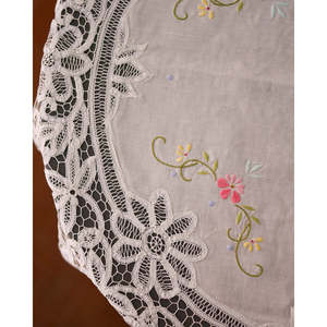Round Linen <b>Tablecloth</b> with Renaissance <b>Lace</b> and Colorful Embroidery - Product Image 5