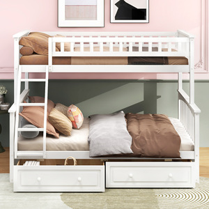 <b>Kids</b> Bunk Bed White Wood Frame <b>Storage</b> Drawers Stairs Design Bedroom Furniture - Product Image 1