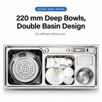 Évier de cuisine double à deux trous en acier inoxydable 304 embouti, avec surface nano, poste de travail multifonctionnel et accessoires