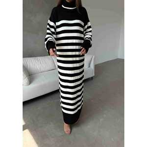 เดรสไหมพรมผูกเอว เดรสสเวตเตอร์ผู้หญิง ลายทางสีดำ แขนยาว คอสูง ความยาวปานกลาง แฟชั่นเดรส - Product Image 2