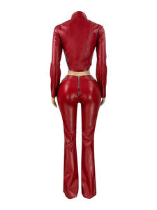 <span class=keywords><strong>Set</strong></span> in Pelle <span class=keywords><strong>da</strong></span> Donna Autunno Inverno, Giacca alla Moda con Zip, Giacca in Pelle Elastica, Pantaloni a Zampa Casual, Completo Due Pezzi per Donna - Product Image 5