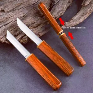 Nouveau produit 2 en 1 couteau de camping en plein air couteau d'office de fruits en acier inoxydable Portable avec manche en grain de bois