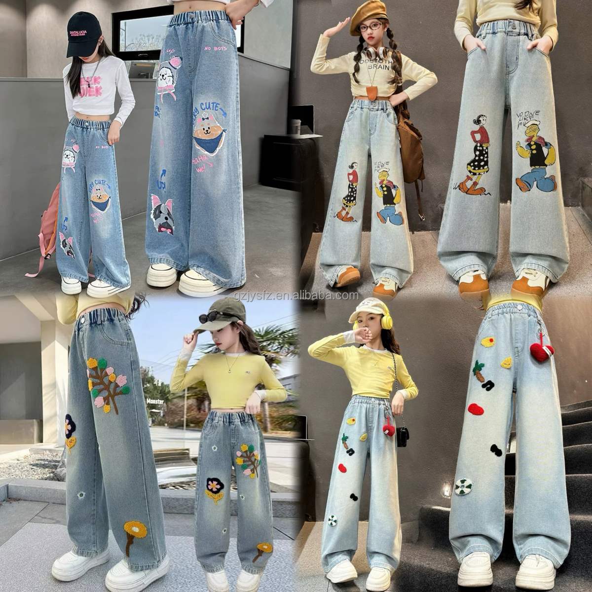 Casual Girls' 3D Printed High Waist Loose Fit Straight Leg Jeans Fashionable Wide Leg Pants