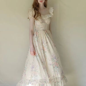 Abiti lunghi in pizzo con volant e svasati con stampa beige <span class=keywords><strong>balza</strong></span> un <span class=keywords><strong>abito</strong></span> floreale A linea - Product Image 5