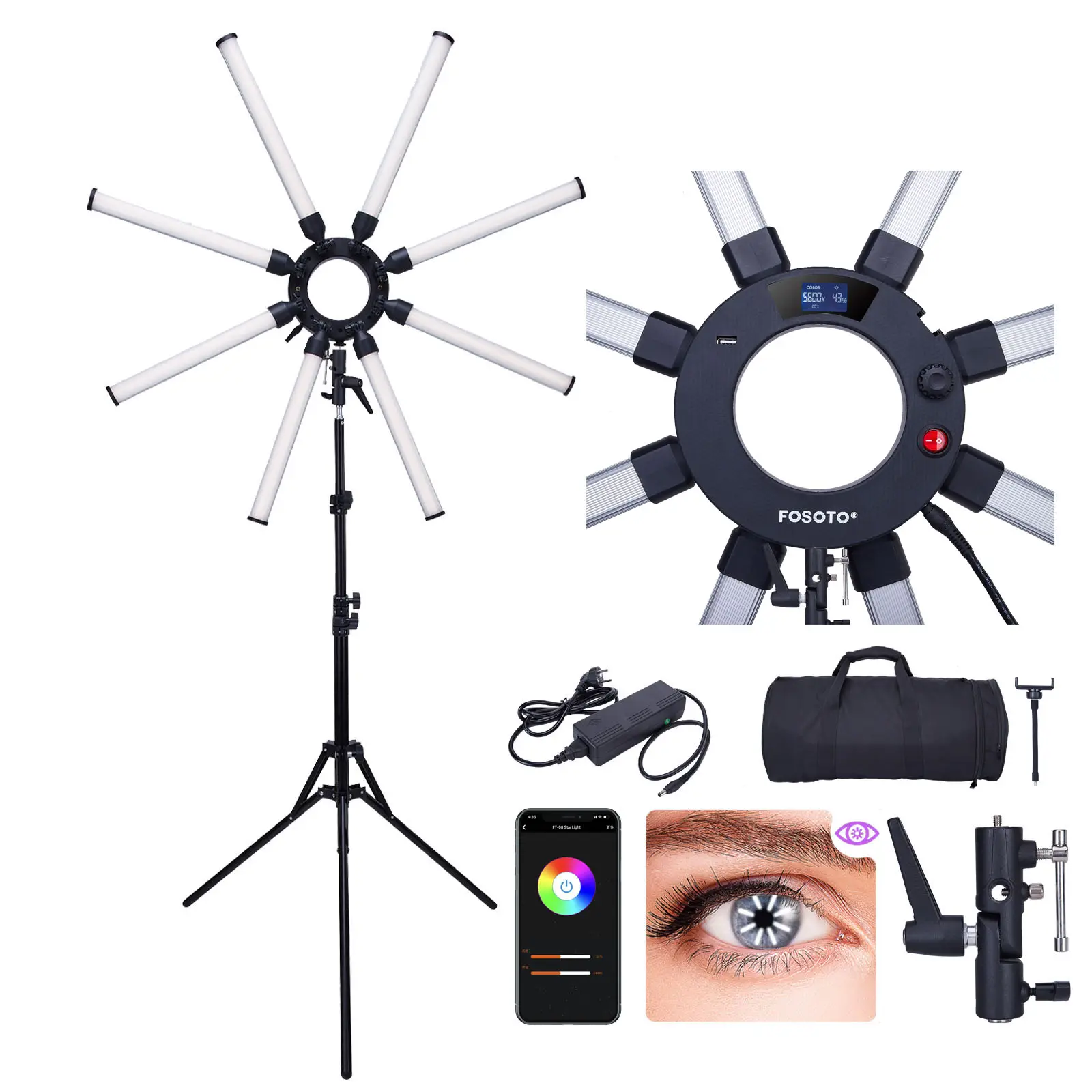 New Functions 150W Eight Tubes Star LED Carbon Fiber Lighting Phone APP Control Adjustable Big color Fill Light For Photography