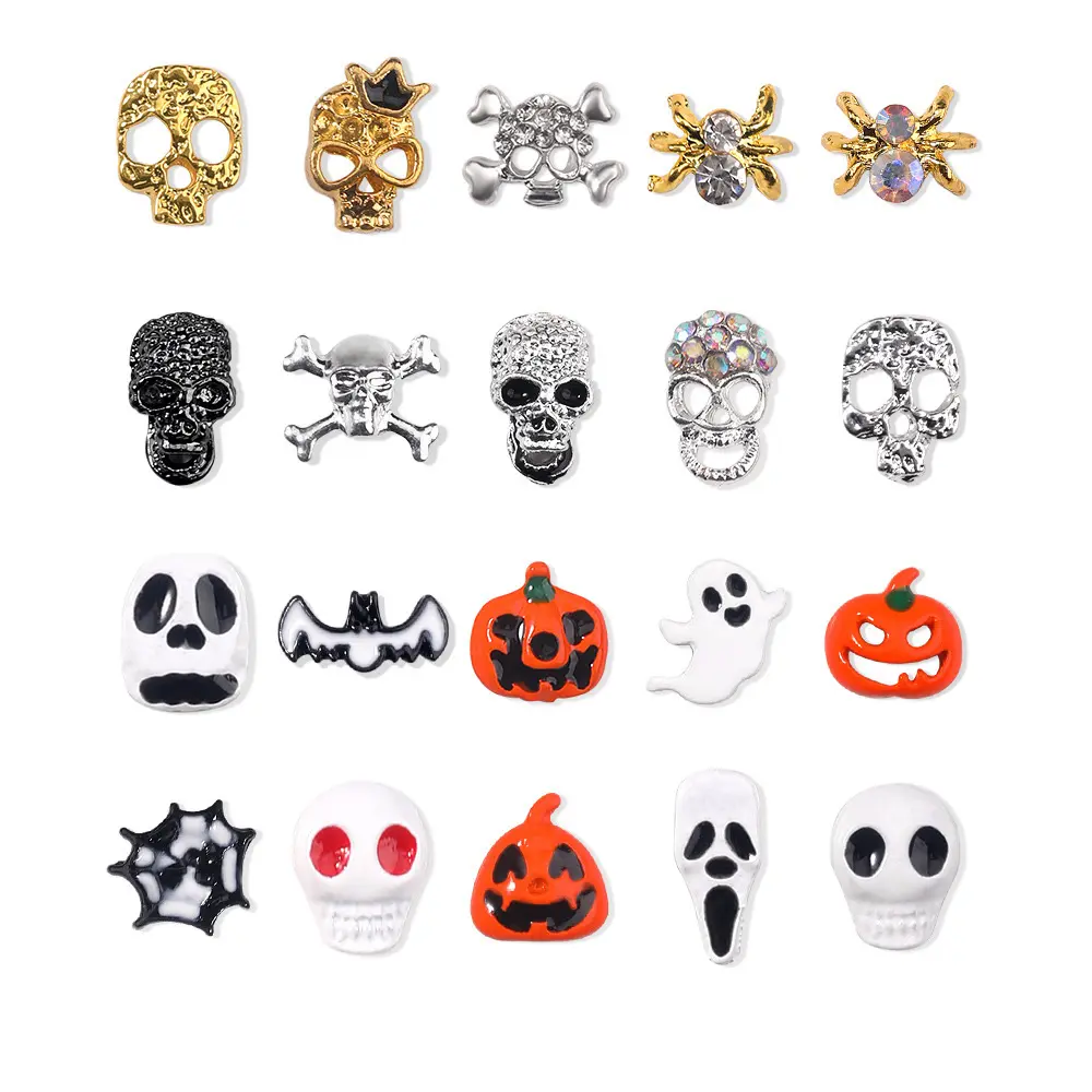10Pcsag Halloween Nail Charms Gold Silver Black Skull Spider Hand Skeleton Design 3D Metal Nail Art Decorations