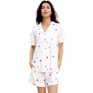 Ensemble de pyjama pour femmes à manches courtes avec imprimés personnalisés, col en V, boutons, 2 pièces, vêtements de nuit en viscose de bambou - Product Image 1