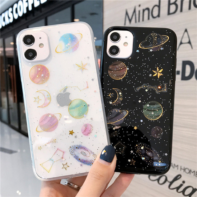 Girl Phone Cover for iPhone 16 Pro Moon Universe Planet Phone Case for iPhone 13 14 15 Case Clear Back Glitter Bling Star Spark