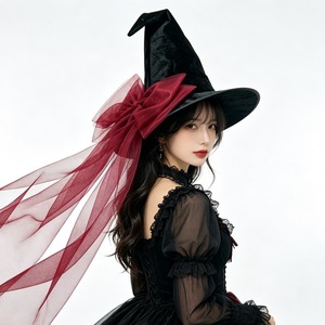 Gothic Witch <b>Hat</b> with Oversized Tulle Bow Halloween Wizard Cap Dark Lolita Headpiece for Cosplay - Product Image 1