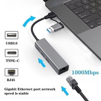 Adaptor Kartu Jaringan 4 In 1 USB 3.0 Hub 4 Port Aluminium Aloi Abu-abu Ruang Angkasa Splitter 5Gbps RJ45 1000Mbps untuk Laptop Desktop Pc