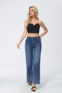 Jeans a Vita Alta e Gamba Larga con Decorazioni di Paillettes Vestibilità Comoda Lunghezza Intera Stile Casual Effetto Stonewashed - Product Image 2