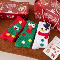 Nouvelles chaussettes d'hiver mi-mollet en polaire corail, épaisses, thermiques, sans couture, en polyester jacquard, motif dessin animé de Noël, pour femme, pour la maison