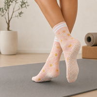 Chaussettes de yoga et de pilates antidérapantes pour femmes, longueur mi-mollet, motif floral tricoté, en coton respirant et écologique, avec revers au bas