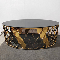 Mesa de Centro Redonda de Acero y Vidrio de Lujo Personalizada con Diseño de Escamas de Pescado, Acero Inoxidable y Mármol para Combinación en Sala de Estar