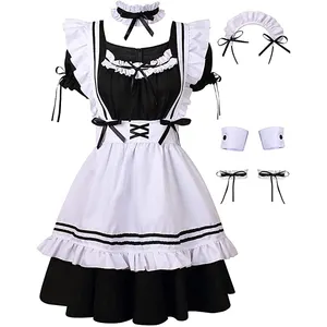 kostum anime wanita plus Suppliers-Kostum Cosplay Lolita Celemek Pelayan Perancis, Kostum Gaun Gadis, Kaus Kaki Hiasan Kepala dengan Set Pakaian Pengiring Jepang