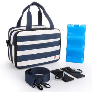 사용자 정의 휴대용 절연 기본 유방 펌프 스트라이프 파란색과 흰색 쿨러 가방 블루 유방 우유 아기 병 쿨러 가방