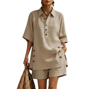 Ensemble deux pièces décontracté pour femme : chemise à manches courtes et pantalon ample, couleur unie, tailles S-5XL, style transfrontalier Europe-Amérique - Product Image 5