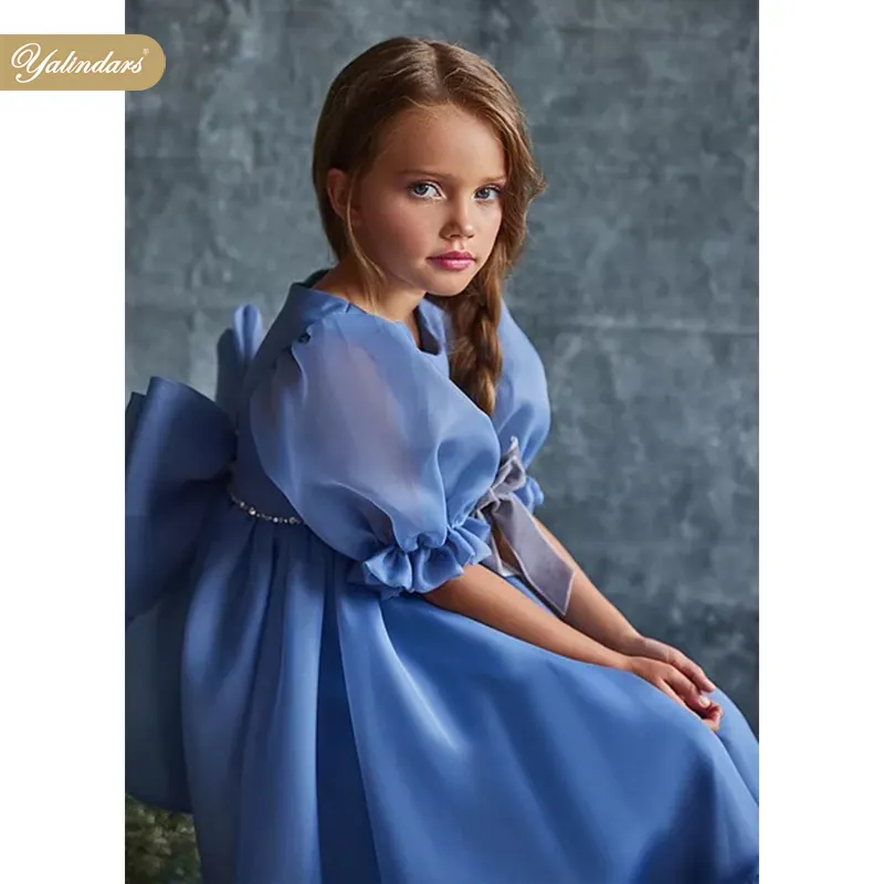 Yalindars 2022 Новый Дизайн Весна с коротким рукавом с большим бантом сзади детская одежда повседневная одежда платья средней длины для девочек