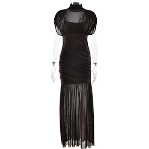 European American Style Pleated Long Dress High Neck Translucent Bodycon Evening Dress For Women - Product Image 5