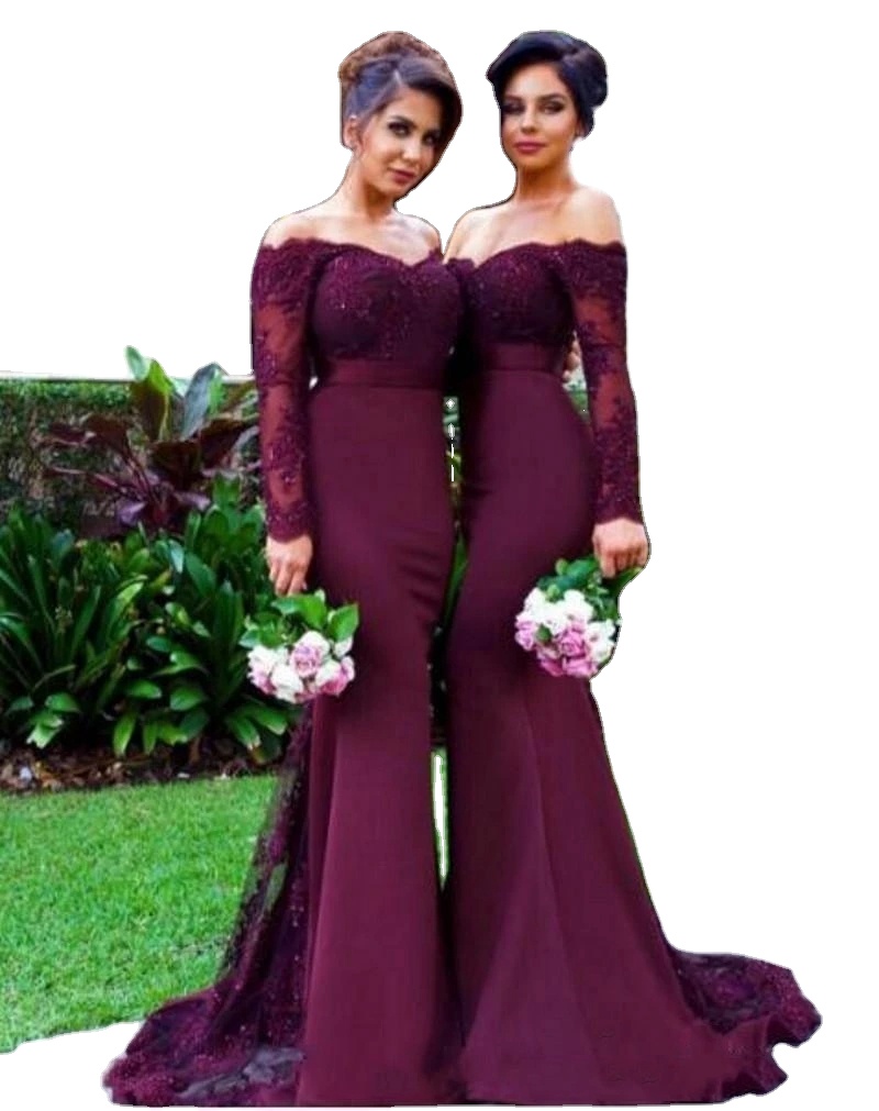 Mumuleo Burgundy Mermaid Bridesmaid Dress Long Sleeve Wedding Party Gown  Lace Off Shoulder Dress| Alibaba.com
