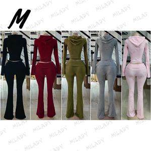 Custom Slim Fit Tweedelig Zip-up Hoodie Jack en Broek Set Hoge Kwaliteit 2-delig Cropped Top Trainingspak Loungewear Set - Product Image 4