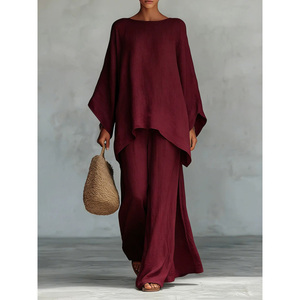 Ensemble 2 pièces en lin à col bateau et manches chauve-souris avec haut oversize à ourlet irrégulier et pantalon large décontracté pour femme - Product Image 2