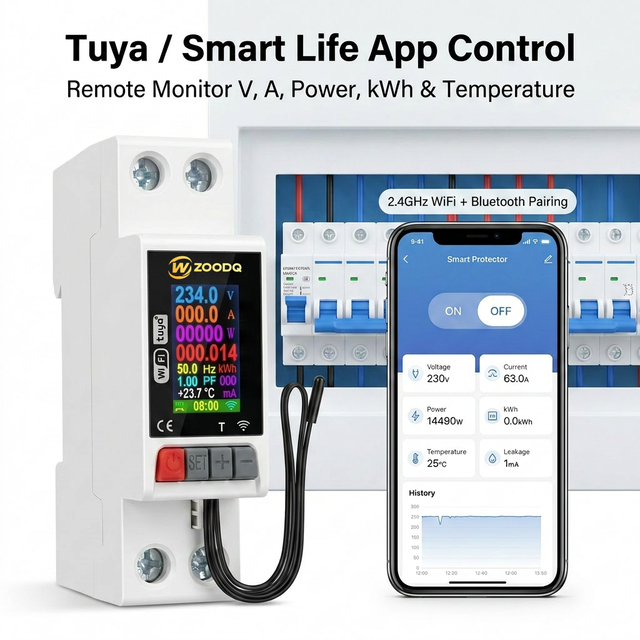 TUYA WiFi Smart Multi-Function Overvoltage Protector 63A 1P+N Leakage Protection Temperature Monitoring Energy Meter LCD Display