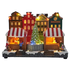 LED Light Up Resin Musical Christmas Village House Christmas Village Ornament With Animated Rotate Christmas Tree