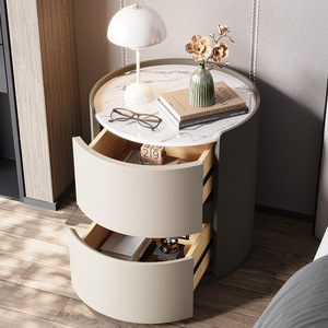Comodino <span class=keywords><strong>Rotondo</strong></span>, Stile Italiano Minimalista di Lusso con Piano in Pietra, Mobile da Camera da <span class=keywords><strong>Letto</strong></span> Semplice e Moderno in Legno Massello - Product Image 2