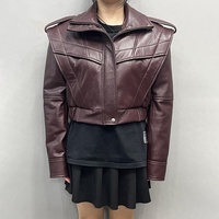 Veste en cuir courte vintage bordeaux à col montant et fermeture éclair Jancoco pour femme, veste en cuir véritable à effet bulle, coupe personnalisée