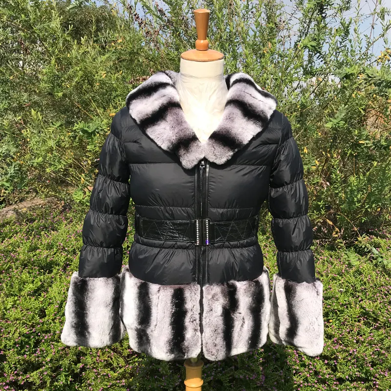 Phụ Nữ Mùa Đông Ấm Rắn Màu Đen Xuống Áo Khoác Với Chinchilla Rex Rabbit Fur Với Thắt Lưng Xuống Coat Với Rex Rabbit Fur