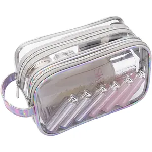 Bolsa de maquillaje organizadora transparente portátil con cremallera, bolsa de cosméticos transparente de 2 capas o neceser transparente para viajes