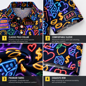 Polo de golf à manches courtes avec imprimé néon Casino, motif intégral par sublimation, personnalisable avec logo, fabricant de vêtements. - Product Image 3