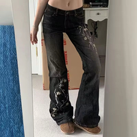 Pantalon droit vintage pour femme, broderie de fleurs, lavage à l'eau, jean skinny