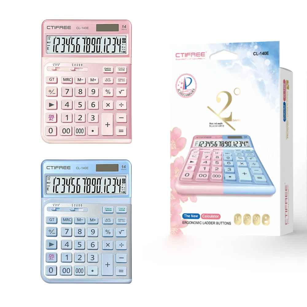 Красочный розовый калькулятор производитель CT-140E двухсторонней батареи солнечной батареи стандартная функция офисные калькуляторы Китай