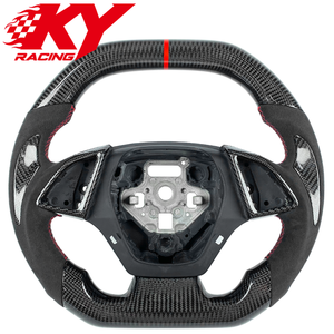 Volant de course sport en fibre de carbone avec poignées en cuir véritable, design à dessus plat, pour Chevrolet Camaro ZL1 SS Corvette C8 - Product Image 1