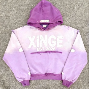 Custom Heavyweight 400gsm Acid Washed Distressed Holes Street Rhinestone Print Drop Shoulder Boxy Cropped Men's Hoodie - Product Image 1